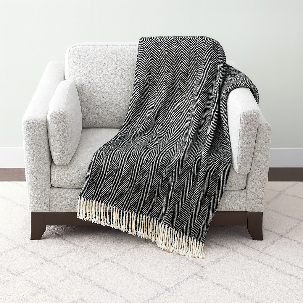 Black Herringbone Fringed 50x60 Inch Throw Blanket