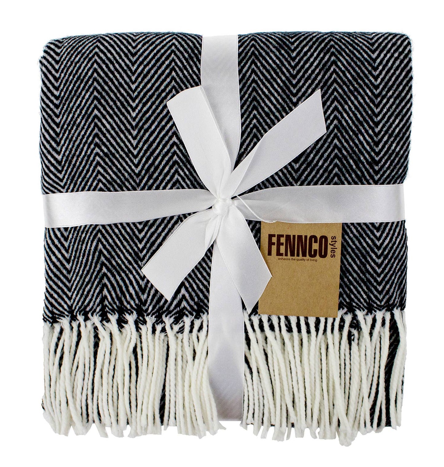 Black Herringbone Fringed 50x60 Inch Throw Blanket