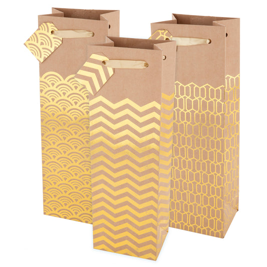 Kraft and Gold Printed Wine Bags - Single Bottle