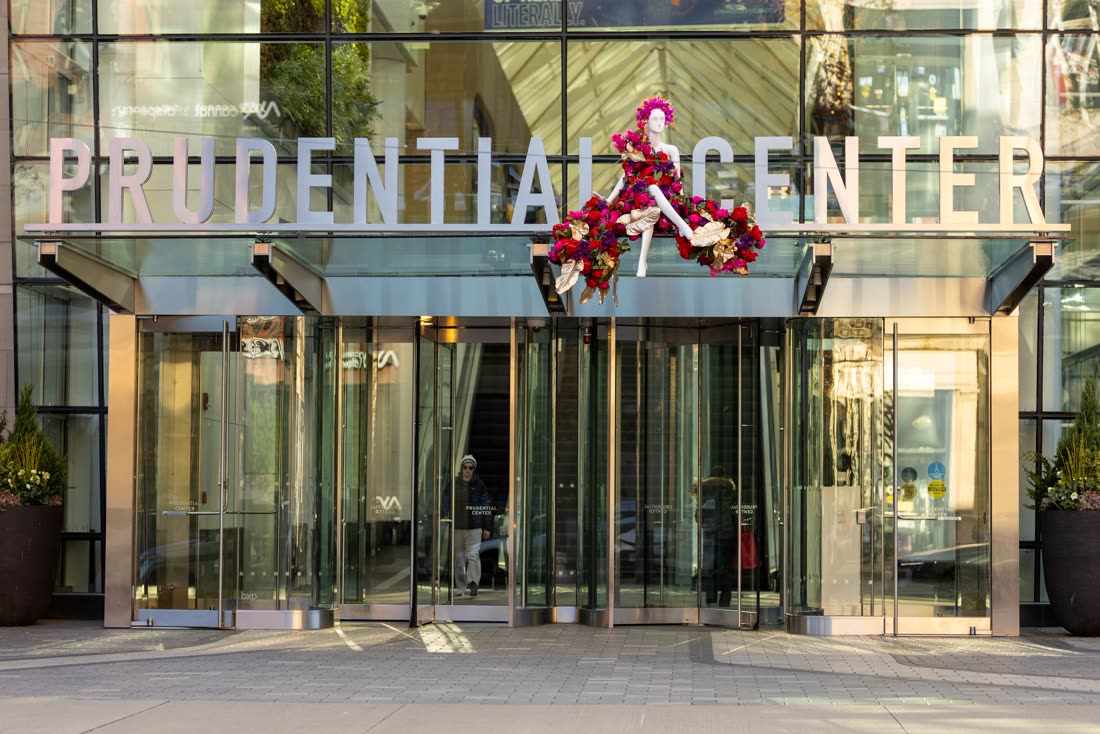 Floral mannequin above the Prudential Center entrance