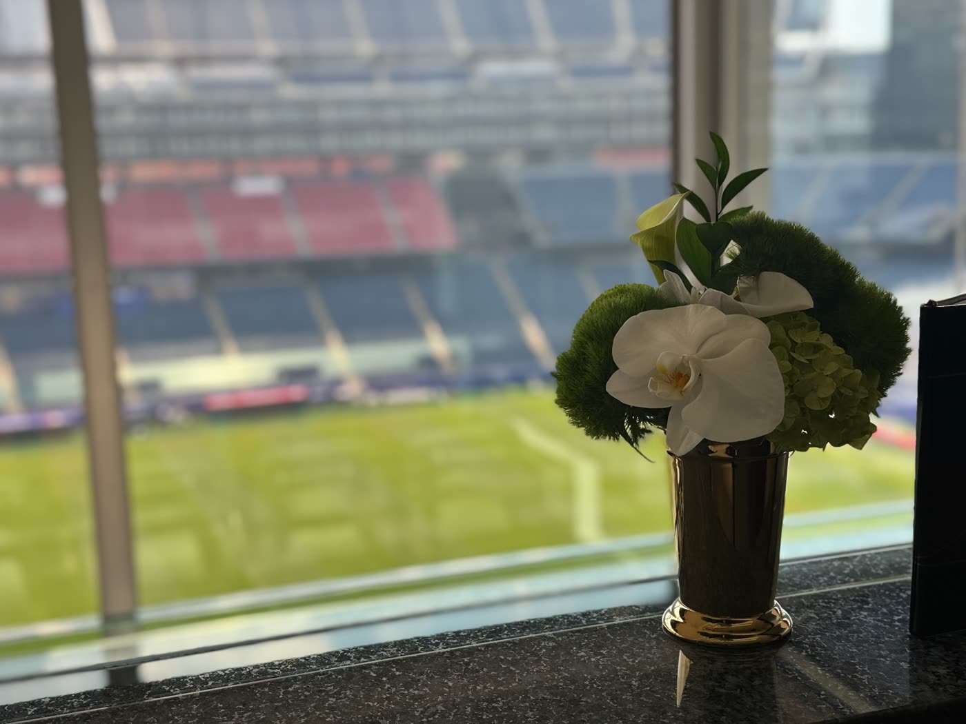 Orchid arrangement on a suite sill overlooking the stadium pitch