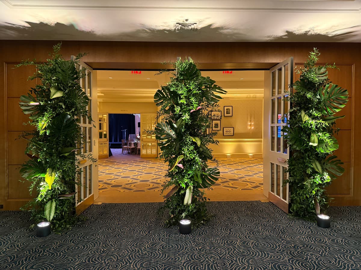 A doorway framed in monstera and greenery, waiting for guests